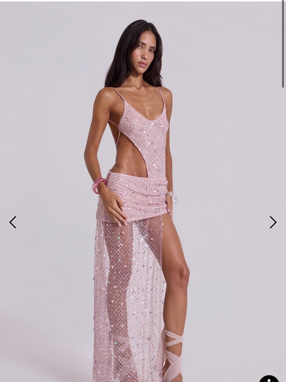 Stellar asymmetric hand beaded maxi dress in pink